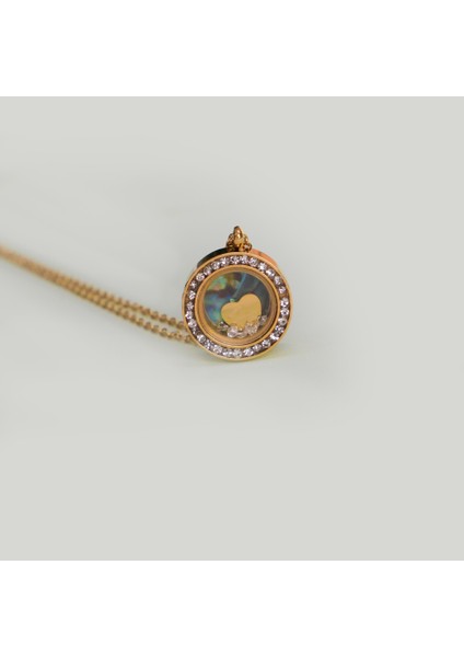 Çelik Kadın Kolye, Cam Çerçeveli Taş ve Kalp Detaylı, Gold Renk, No:94 fiyatları