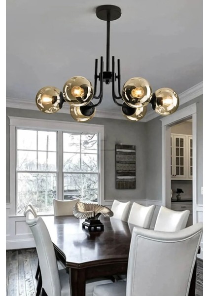 Modern Siyah Bal Camlı 6'lı Tavan Avizesi, Metal, 60x60, Şık ve Şıklık Katıcı