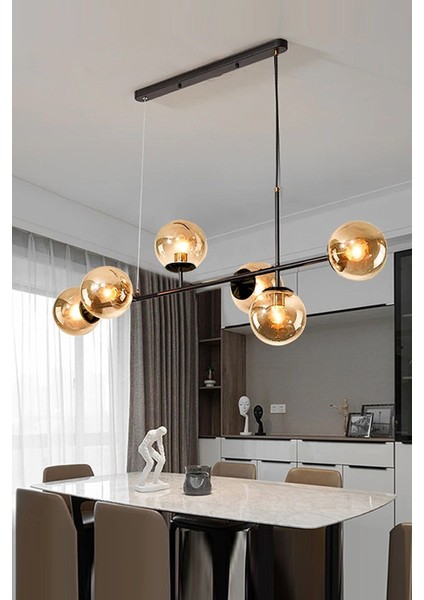 Modern Siyah Cam Bal Yemek Masası ve Avize Takımı, 6'lı set, şık ve fonksiyonel tasarım