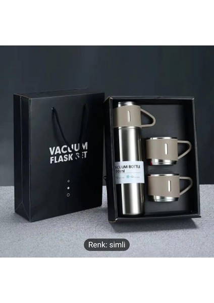 Hediyelik 3 Bardaklı Çelik Termos Seti 500 Ml. Vacuum Flask Set Karton Çantalı - Silver