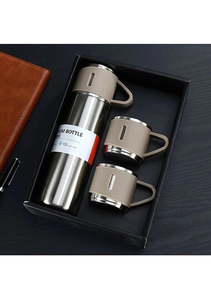 Hediyelik 3 Bardaklı Çelik Termos Seti 500 Ml. Vacuum Flask Set Karton Çantalı - Silver