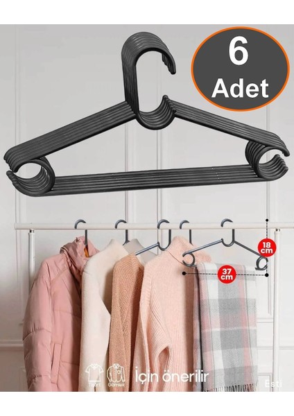 Kaydırmaz Elbise Askısı Fular Askısı Gömlek Tişört Askısı Kırılmaz 6 Adet Set Siyah Pantolon Askı