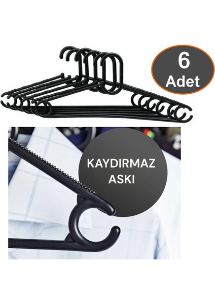 Kaydırmaz Elbise Askısı Fular Askısı Gömlek Tişört Askısı Kırılmaz 6 Adet Set Siyah Pantolon Askı
