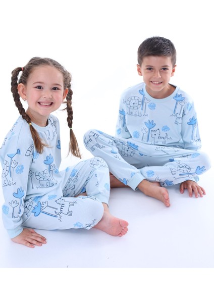 Pamuk Kız ve Erkek Çocuk Için Unisex Uzun Kollu Sevimli Aslan ve Kedi Desenli Pijama Takımı (3,4,5,6,7,8 Yaş)