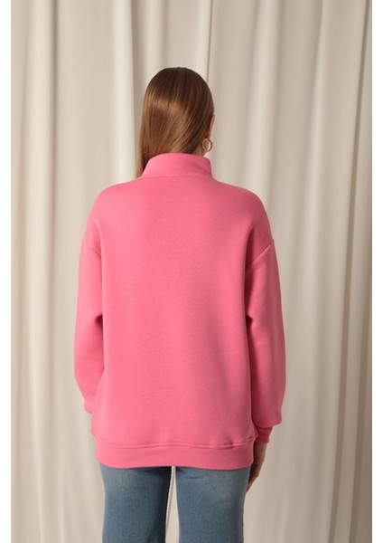 Üç Iplik Dik Yaka Yarım Fermuarlı Kadın Pembe Sweat