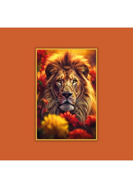 Metal Çerçeveli Temperli Cam Tablo Turuncu Kırmızı Çiçekler Içinde Aslan fiyatları