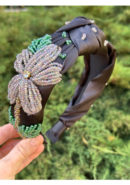 Bym 2009 Tasarım Kına Nişan Elişi Siyah Saten Ebruli Çiçekli Boncuk Model Kadın Taç Saç Aksesuar