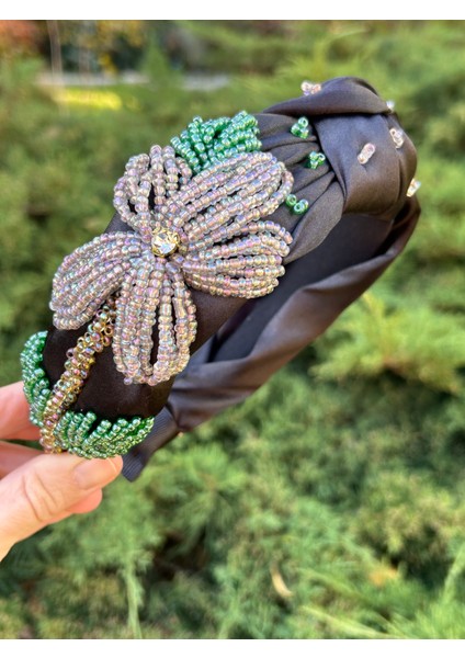 Bym 2009 Tasarım Kına Nişan Elişi Siyah Saten Ebruli Çiçekli Boncuk Model Kadın Taç Saç Aksesuar fiyatları