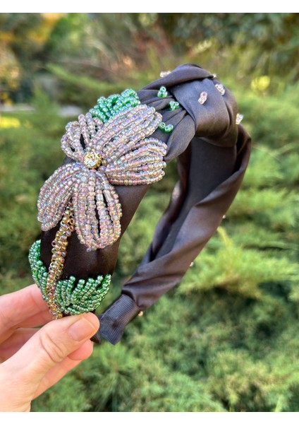 Bym 2009 Tasarım Kına Nişan Elişi Siyah Saten Ebruli Çiçekli Boncuk Model Kadın Taç Saç Aksesuar modelleri