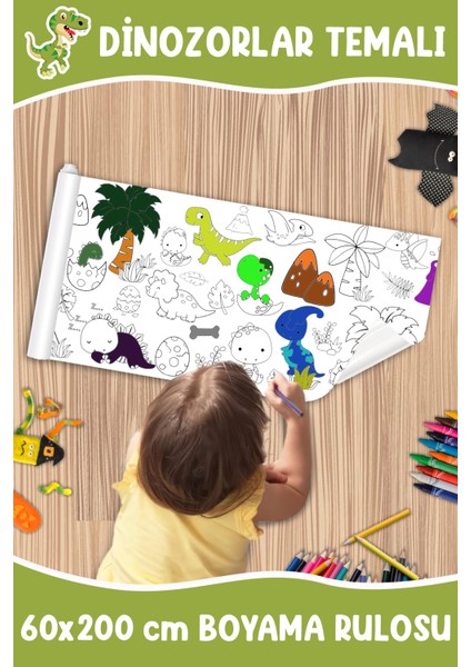 Dinozor Temalı Dev Boyama Kağıdı 2 Metre Sevimli Dinozorlar Aktivite Rulosu - Çocuk Eğitici Rulo