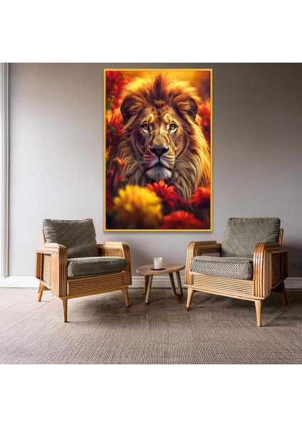 Metal Çerçeveli Temperli Cam Tablo Turuncu Kırmızı Çiçekler Içinde Aslan