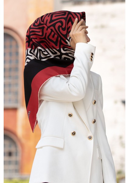 Tivil Kırmızı Desenli Ipek Eşarp DGN51373-01-17