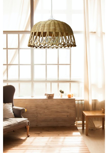 Bambu Rattan Hasır Sarkıt Avize, 35 cm çap ve 20 cm yükseklik, şık ve doğal tasarım indirimleri