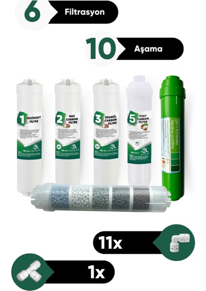 Su Arıtma 6 Filtre 10 Aşama Ph Alkalin Filtre Takımı 6 Filtre 10 Aşama Mineral Filtre Seti Membransız