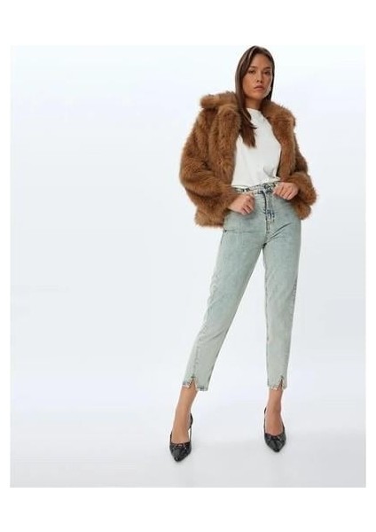 Mom Fit Jeans-Standart Bel Yırtmaç Detaylı indigo Kadın Jean Pantolon 5WAL40060MD