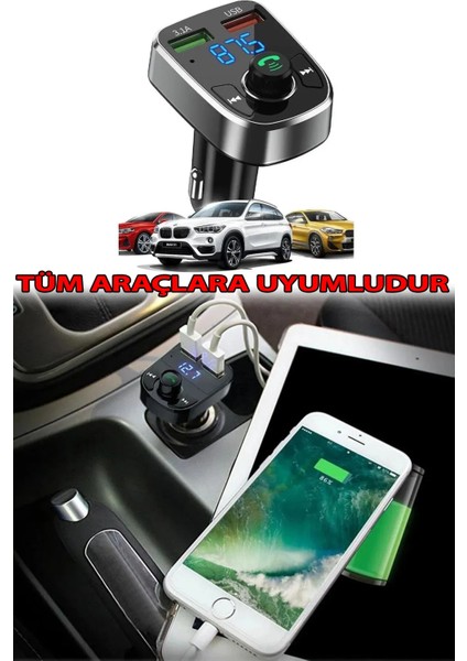 Bluetooth Araç Çakmaklık Bluetooth Fm Verici 2 Uyumlu USB Port Araba Şarj Cihazı Dönüştürücü