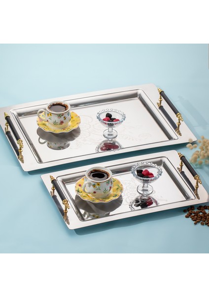 Gold 2li Paslanmaz Çelik Gümüş Kahve Tepsisi Gold Siyah Desenli Dekoratif Servis Sunum Tepsisi fiyatları