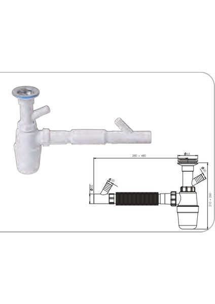 Güçlü Taslı Körüklü Çift Çatal Iki Çamaşır Çıkışlı Lavabo Sifonu