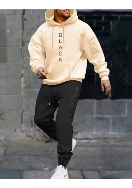 Büyük Beden Özel Tasarım Kapüşonlu Black Dikey Baskılı Kışlık Modern Battal Erkek Eşofman Takımı