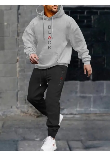 Büyük Beden Özel Tasarım Kapüşonlu Black Dikey Baskılı Kışlık Modern Battal Erkek Eşofman Takımı