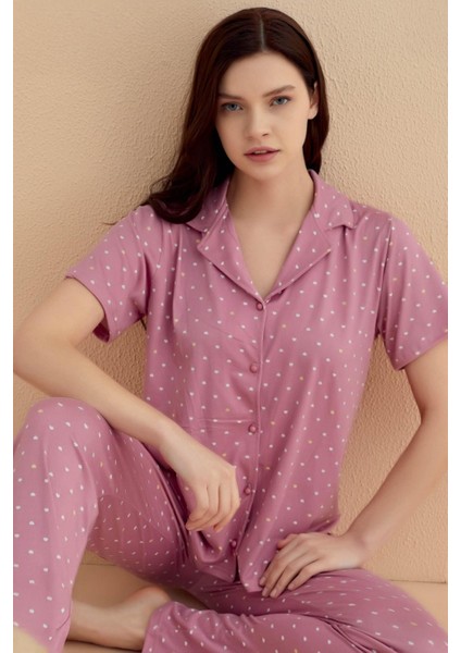 Kadın Kısa Kol Gömlek Yaka Önden Düğmeli Pudra Pijama Takım C5T0N1O01-83