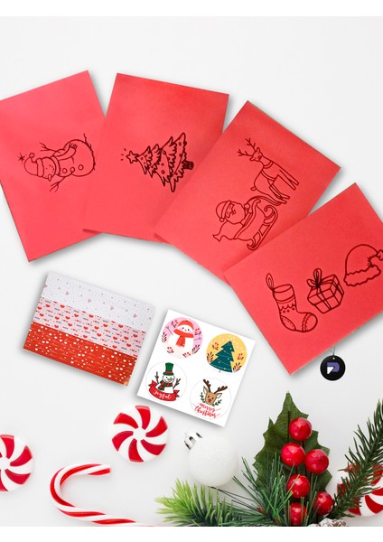 Premium Yılbaşı Tebrik Kartı Zarfı, 4'Lü Kırmızı Zarf, Yeniyıl Kartpostal Zarfı, Noel Baskılı Zarf