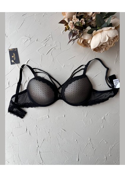 Margaret Siyah Gri Dantelli Balenli Desteksiz Vintage Önü Şeritli Sütyen fırsatları
