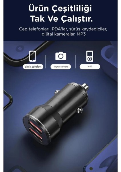 2 USB Port Girişli Transmitter Araç Şarj Cihazı Araba Şarj Aleti Siyah