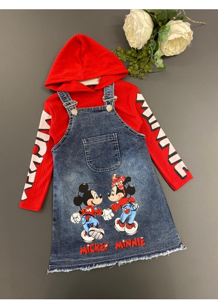 Minnie Desenli Badili Çantalı 2 Li Kız Çocuk Ayarlanabilir Askılı Uzun Kollu Kot Jile