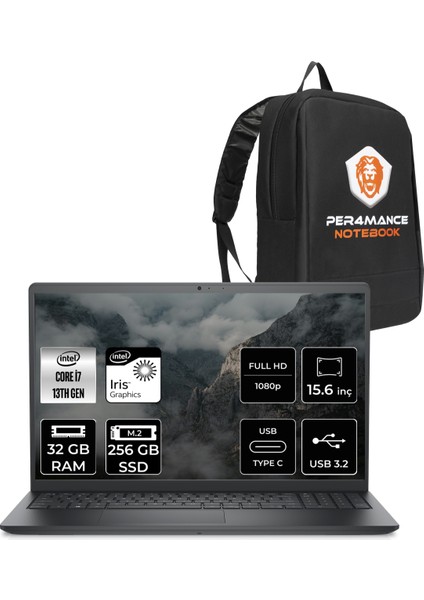 Vostro 3530 Intel Core I7 1355U 32GB 256GB SSD 15.6'' Fhd 120Hz Fdos Taşınabilir Bilgisayar & Per4 Çanta N1601PVNB3530UP326