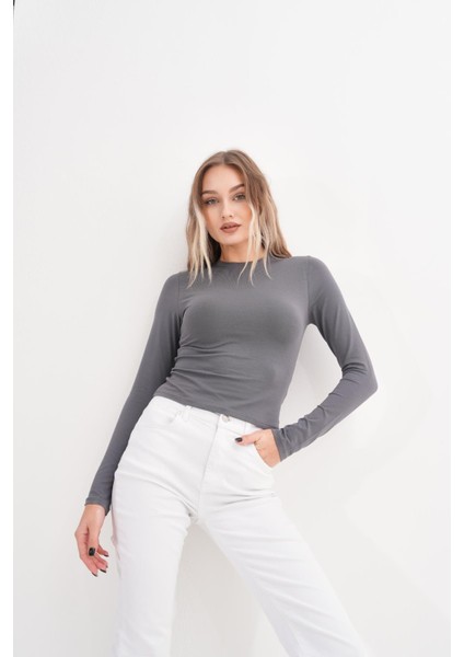 Likralı Pamuk Tişört-Slim Fit -Füme fiyatları
