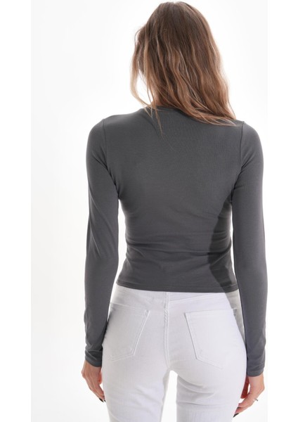 Likralı Pamuk Tişört-Slim Fit -Füme indirimleri