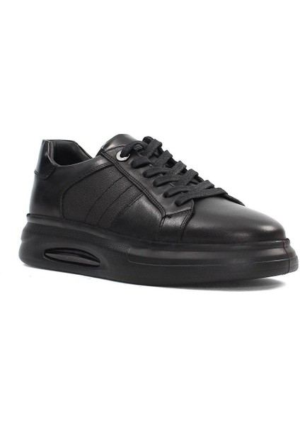 Erkek Siyah Bağcıklı Kalın Tabanlı Deri Sneaker