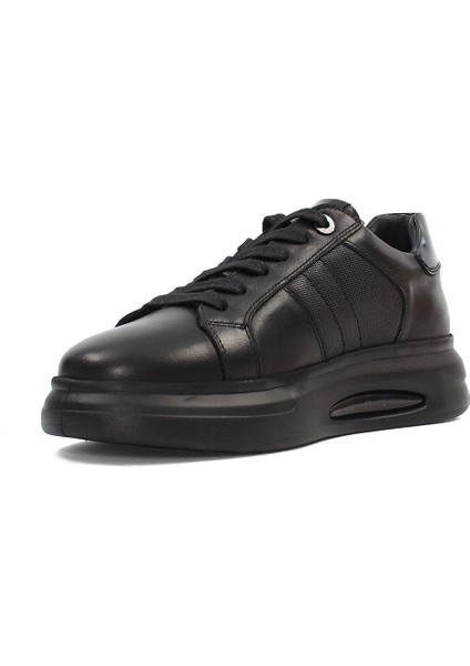 Erkek Siyah Bağcıklı Kalın Tabanlı Deri Sneaker