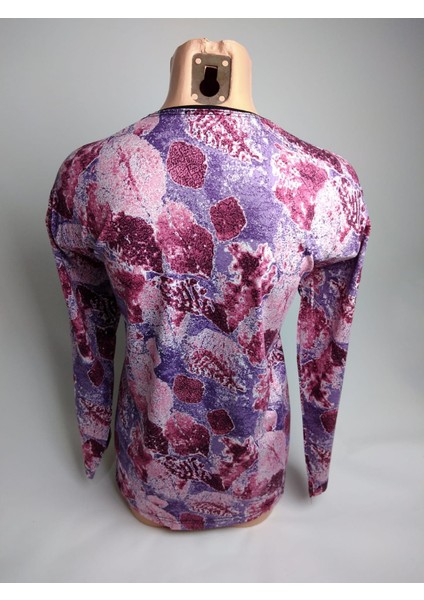 Kadın Mor Mürdüm Desenli V Yaka Uzun Kollu Yanları Yırtmaçlı Viskon Anne Penye Tişört Bluz modelleri