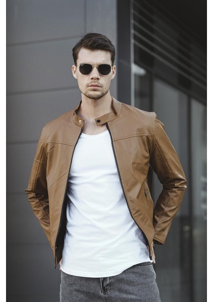 Tuci Demian Kısa Yaka Içi Polarlı Slim Fit Erkek Deri Ceket
