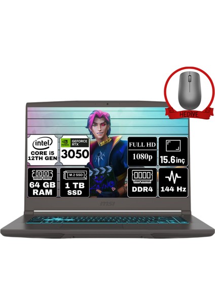 Msı Thın 15 Intel Core I5 12450H 64GB 1tb SSD RTX3050/4GB W11P 15.6" Fhd 144Hz Taşınabilir Bilgisayar B12UC-1478XTR-A82 & Anzar Mouse