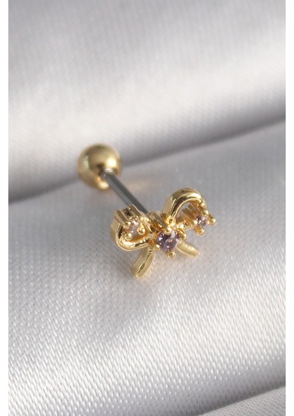 Yeni Xdn Çelik Gold Renk Zirkon Taşlı Kurdele Tragus Piercing
