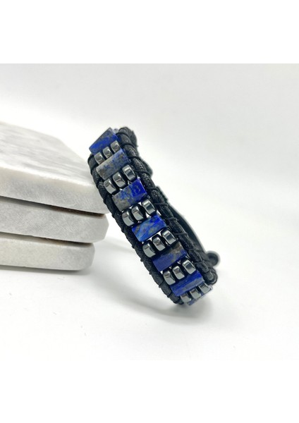 Sertifikalı Lapis Lazuli Doğal Taş Şık Görünümlü Erkek Bileklik Makrome Ayarlanabilir Ölçü
