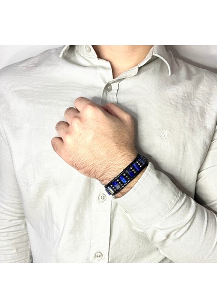 Sertifikalı Lapis Lazuli Doğal Taş Şık Görünümlü Erkek Bileklik Makrome Ayarlanabilir Ölçü indirimleri