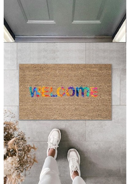 Dijital Baskı Kalitesi Kahverengi Renkli Welcome Dekoratif Kapı Önü Paspası
