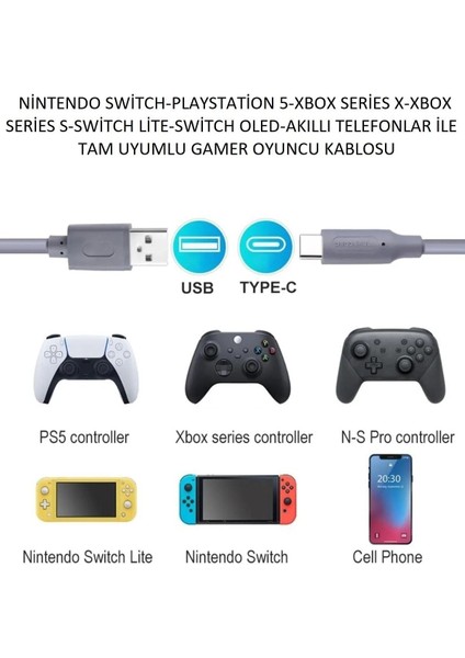 Deadskull Xbox Series X-Xbox Series S-Switch-Lite-Switch OLED 2 Metre Type-C Şarj Kablosu