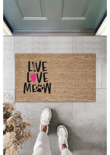 Dijital Baskı Kalitesi Kahverengi Pembe Kalpli Kılçıklı Love Meow Dekoratif Kapı Önü Paspası