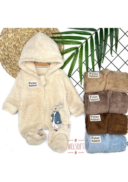 3-6-9-12 Ay Rabbit Tavşan Nakışlı Fermuar Kapamalı Patikli Tüylü Erkek Bebek Tulumu