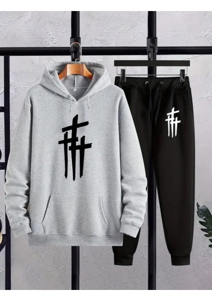 Büyük Beden Özel Tasarım Kapüşonlu Çizgiler Baskılı Kışlık Modern Dış Mekan Erkek Eşofman Takımı