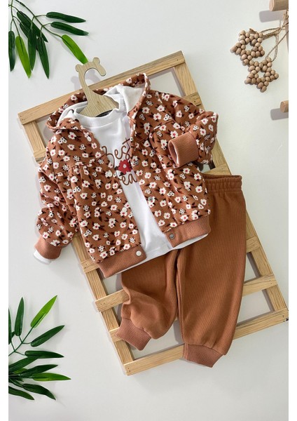 Çiçek Desenli Kapüşonlu Kız Bebe 3 lü takım - Taba