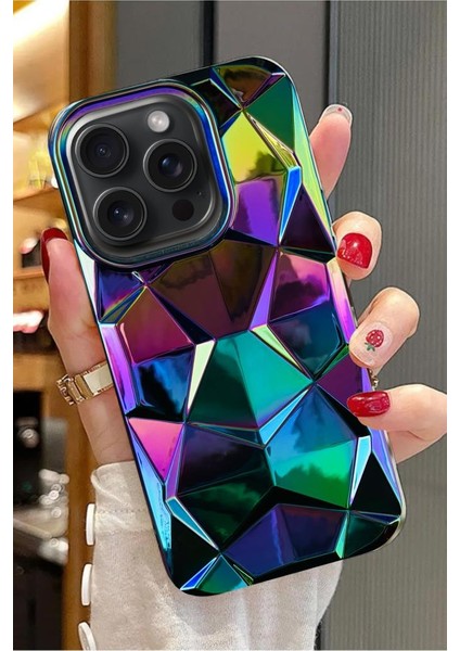 Iphone 15 Pro Uyumlu 3D Prizma Desenler Hologram Çok Renkli Esnek Silikon Kılıf