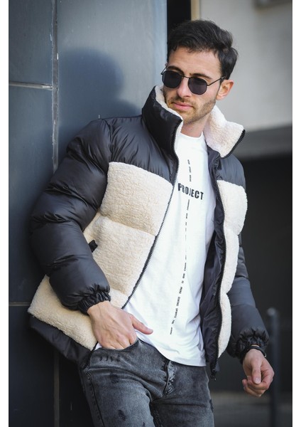 Moi Slim Fit Parçalı Dik Yaka Erkek Dolum Şişme Peluş Mont