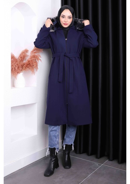 Lacivert Bel Kuşaklı Kaşe Kaban fiyatları