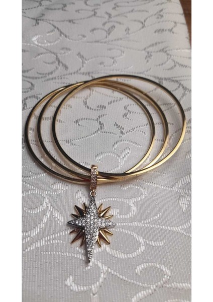 Taşlı Pusula Yıldız Charmlı 3lü Gold Çelik Ajda Bilezik